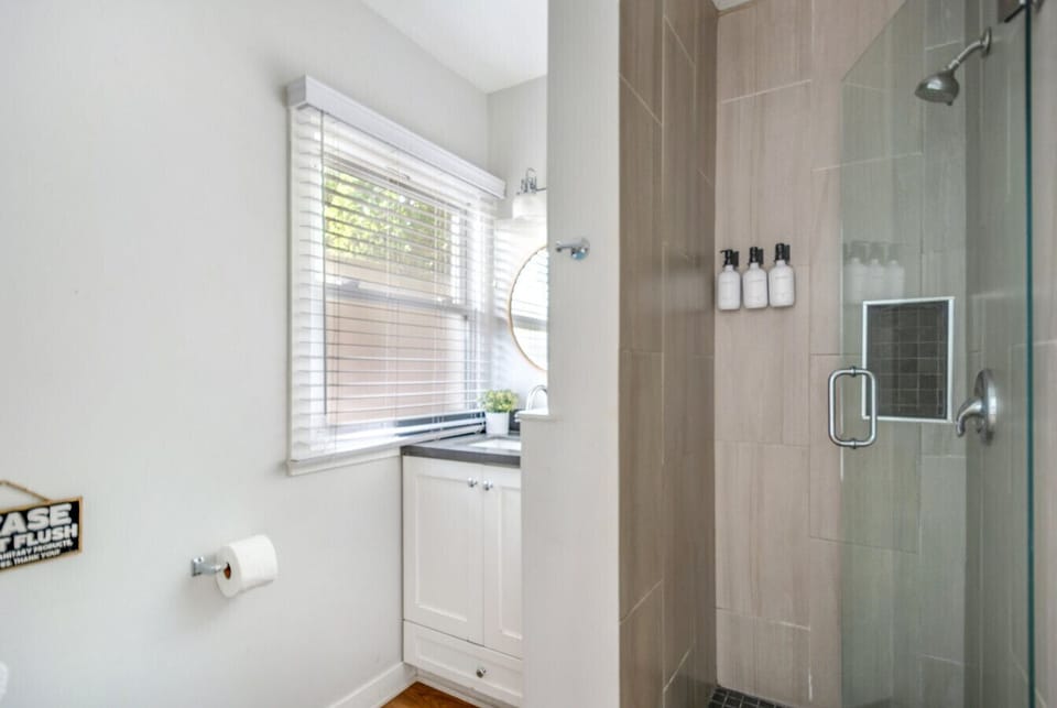 Bathroom stocked with amenities.