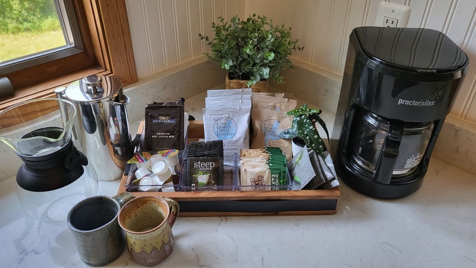 coffee bar Prepare locally roasted coffee from Lake Geneva Roastery with with a pour- over, French press, or drip coffee maker. Teas and cocoa also provided. 