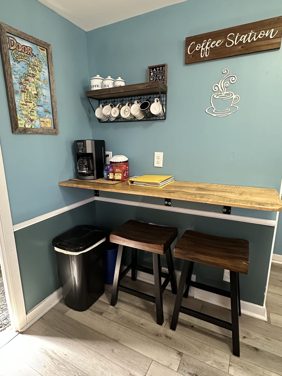 Kitchen coffee bar. Drip coffee maker here, and a Keurig on kitchen counter.
