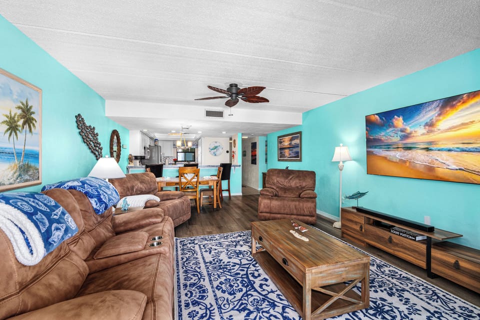 Great living room with 75" TV with cable