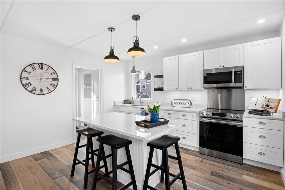 Kitchen Island for gathering, wine fridge, micro, pantry, new fridge etc