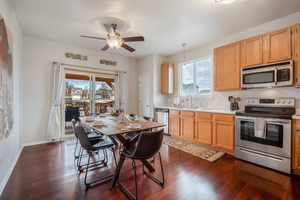 The kitchen opens up to the back yard.