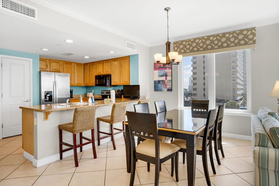 Dining table plus eat-in bar seating