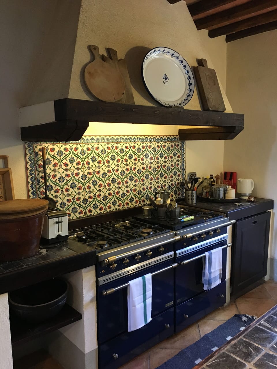 The double Lacanche cooker, gas on left, electric on right with 6 gas hobs