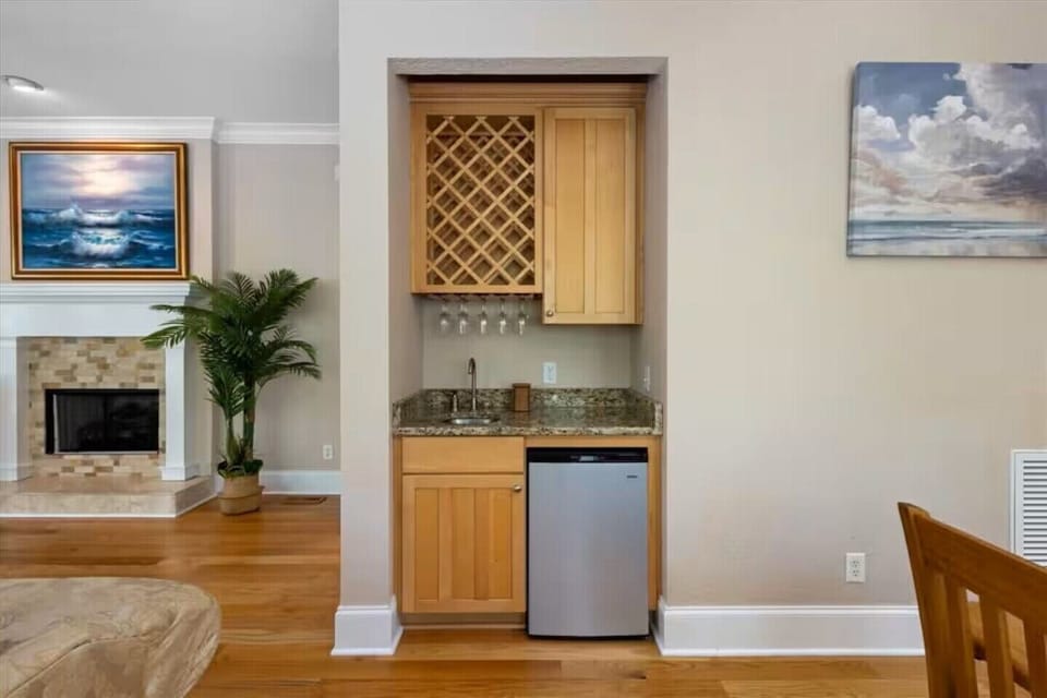 Mini Fridge station between dining and living room.