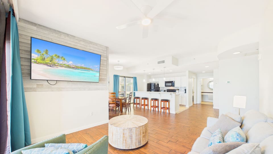 Hug TV in living area with ample seating for viewing