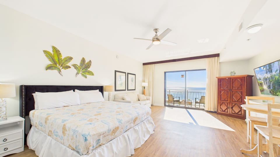 Studio layout with king bed and sleeper sofa (sleeps 3 TOTAL)