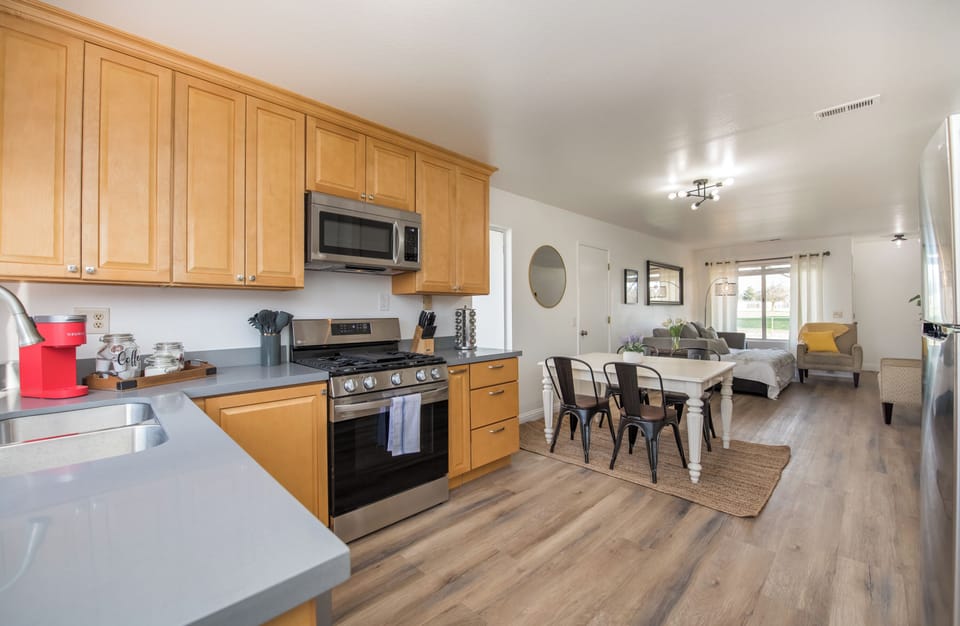 The kitchen is fully stocked for all your cooking needs.