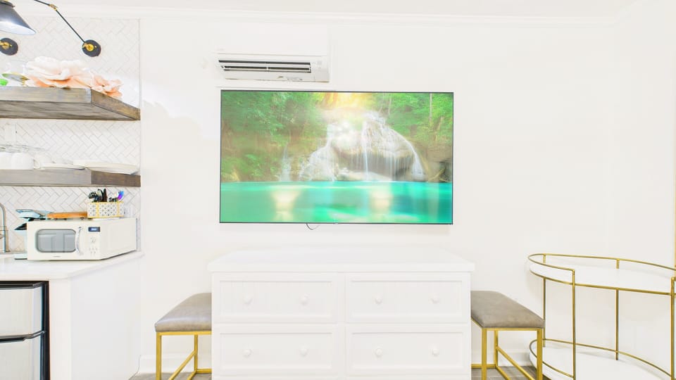 HUGE TV and bar cart in studio