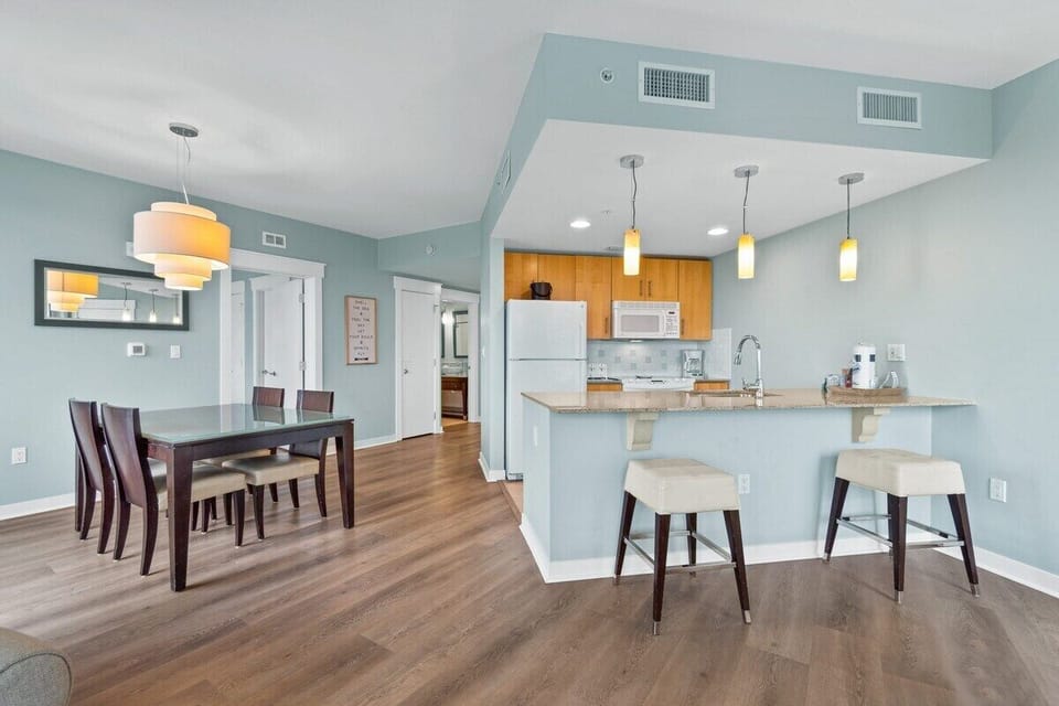 Kitchen area with bar seating