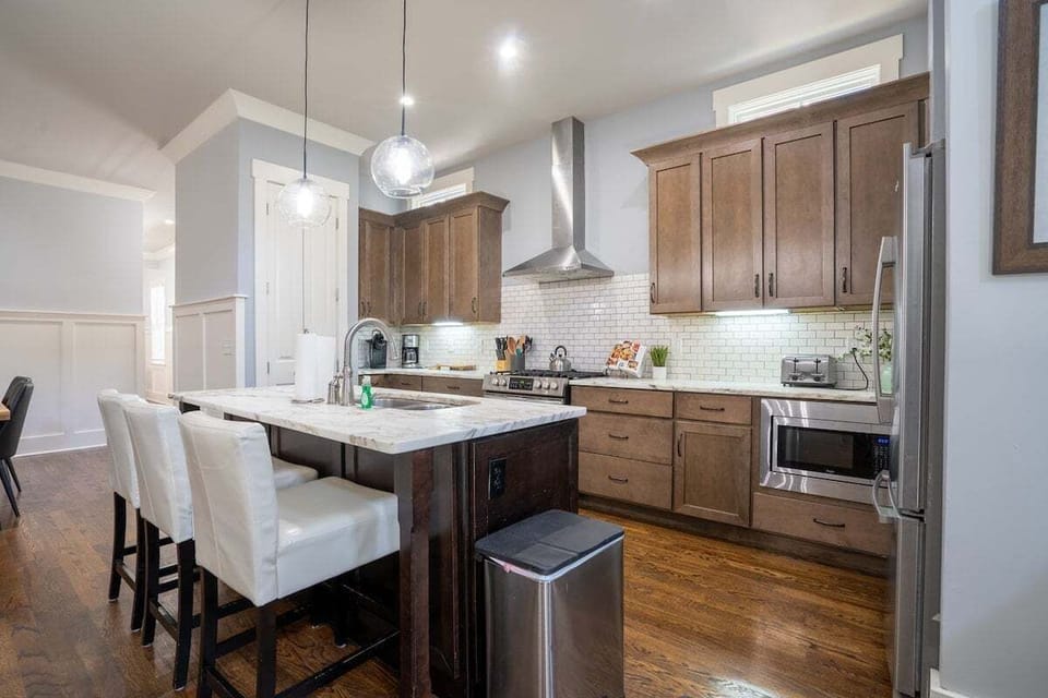 Kitchen area with island and seating