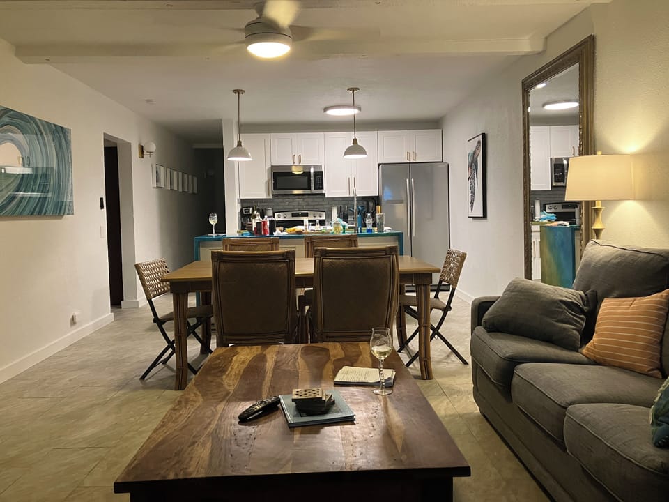 looking back at dining table and kitchen from living room