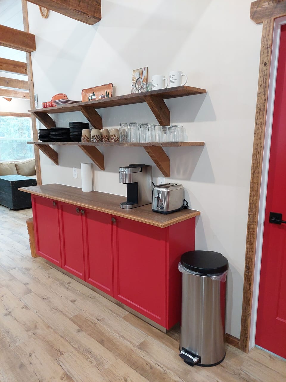 Keurig pods, tea, sugar, sweetener, basic spices, and cooking oil are provided.