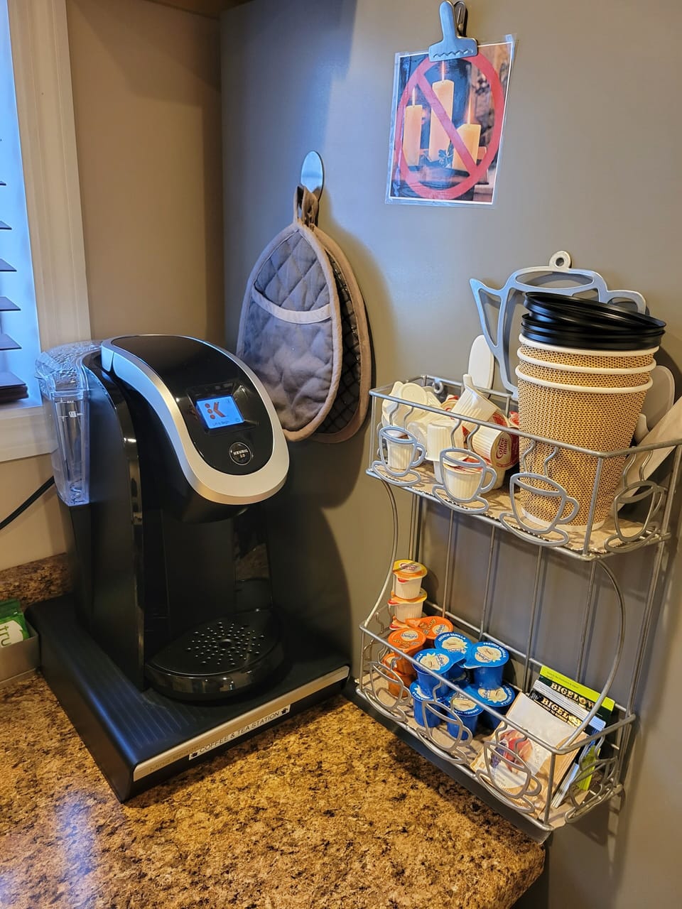 Coffee, teas, creamer and to go cups 
