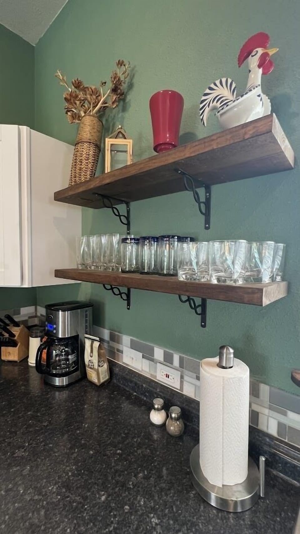 Glasses, along with plates, utensils and cookware are provided for your convenience.