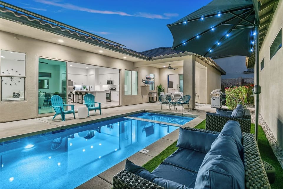 Take in this stunning late-night view of your private pool!