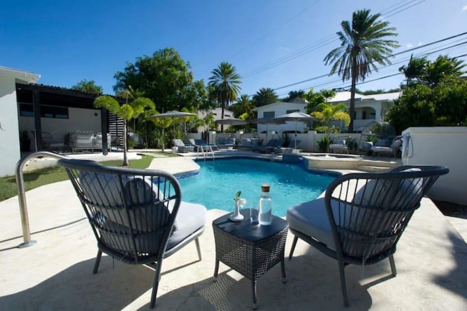 Awesome Private pool and jet spa with ample sun loungers, umbrellas and seating