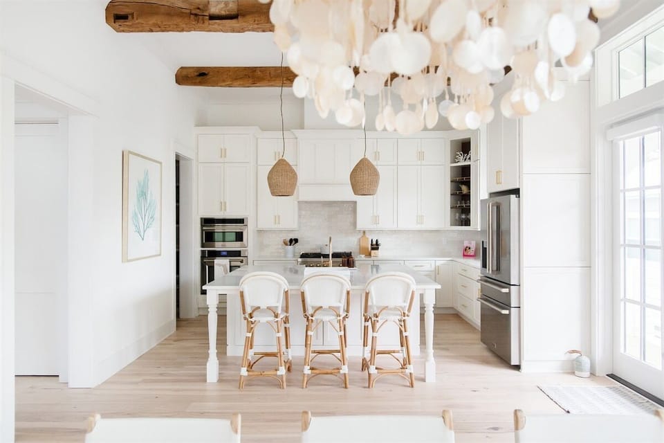 A bright, modern kitchen with a sleek island and natural tones