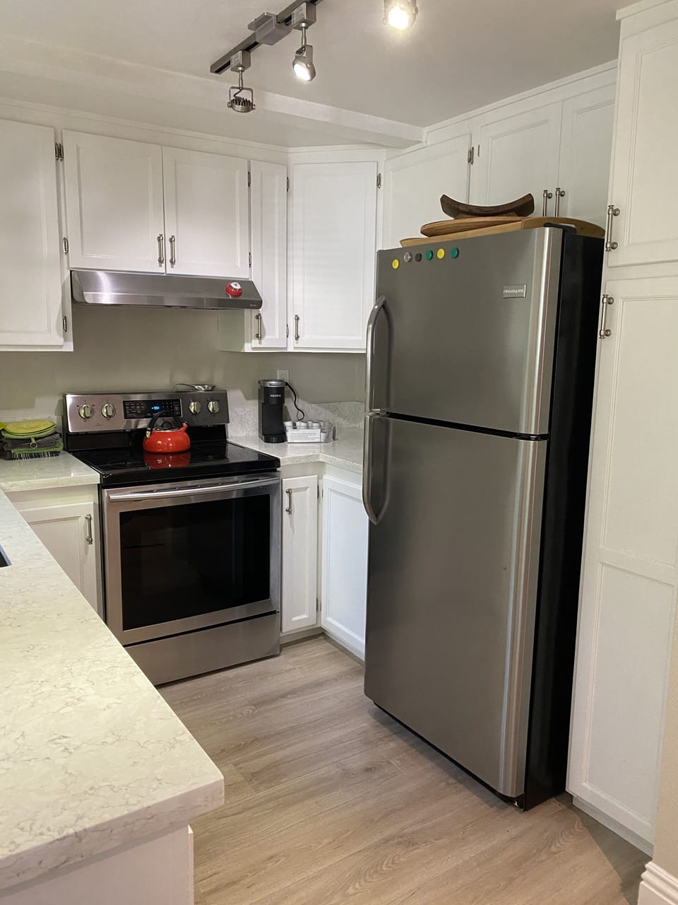 Full size fridge, freezer, electric oven and 4 burner stove, microwave, coffee.