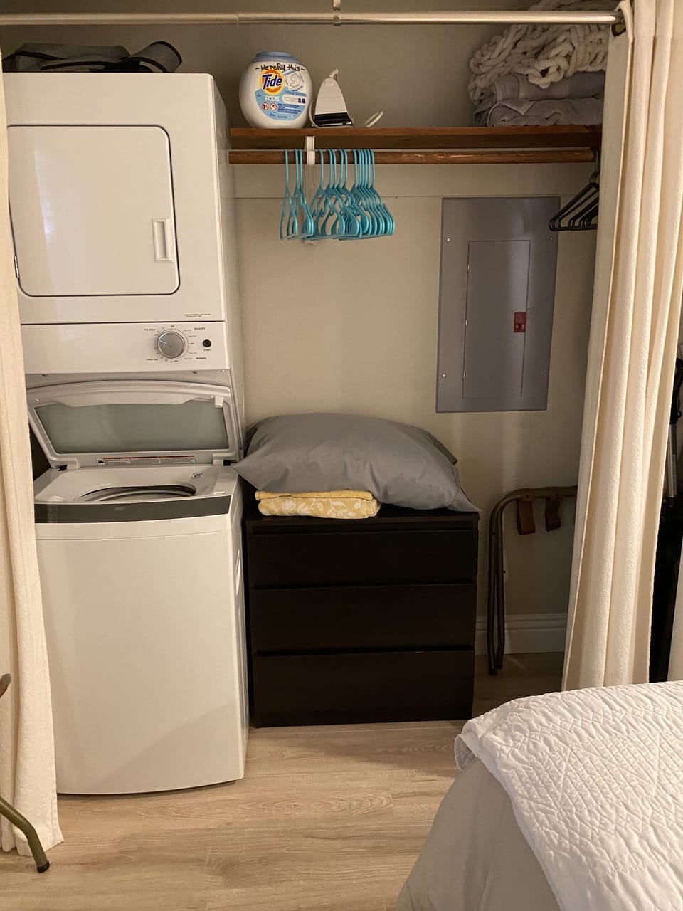Washer dryer, pods, iron, ironing board, beach towels, fresh robes, and more