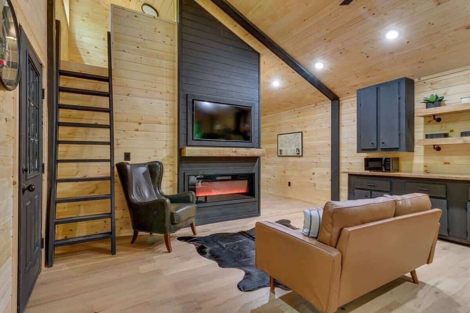 Rustic-meets-modern fireplace perfect for relaxing evenings.