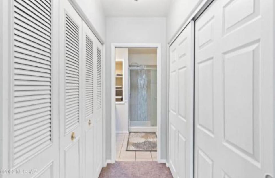Hallway to master bath with closets on each side