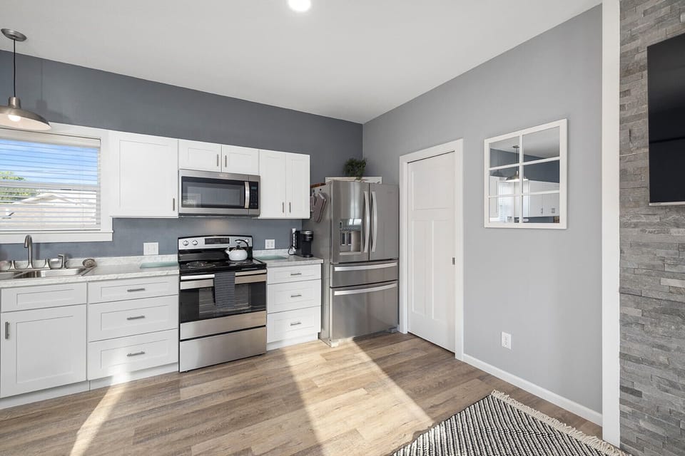 The full kitchen is well stocked so you can prepare meals for your whole crew. 