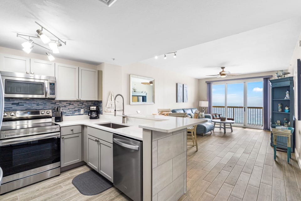 Open living area with great views of the gulf while cooking or hangin out.