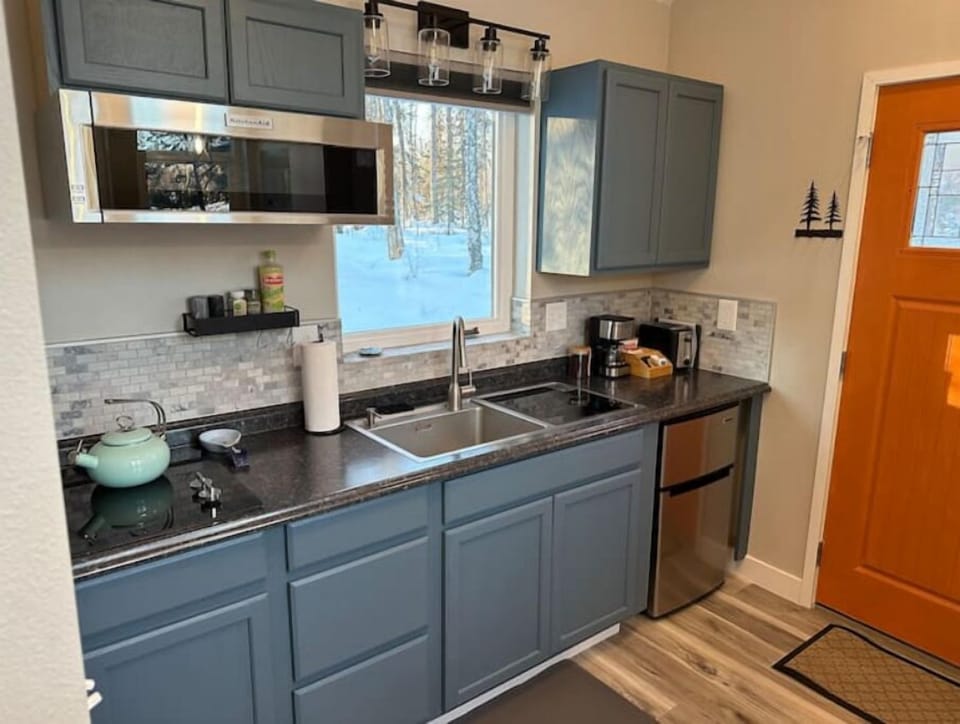 Fully stocked kitchen with two burner induction stove top and small dishwasher