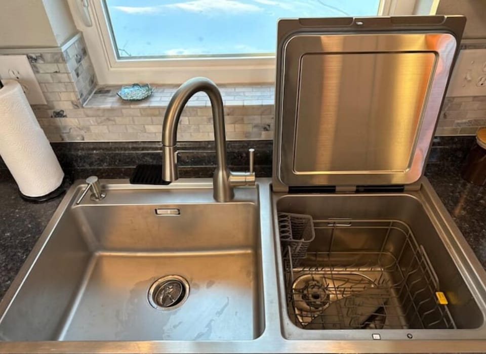 Stainless sink and small in-counter dishwasher