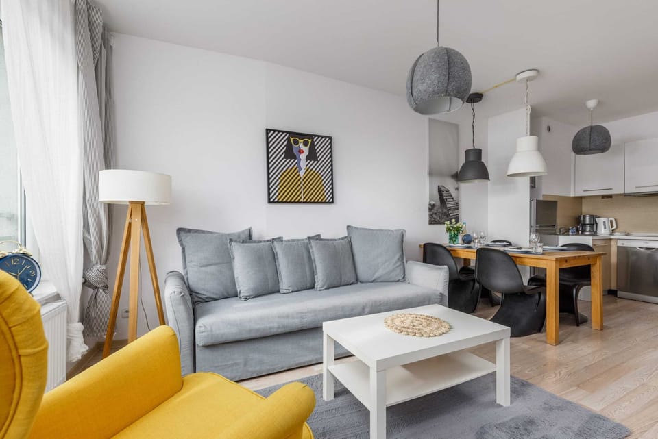 Modern, stylish living room with a sofa bed, TV and kitchenette.