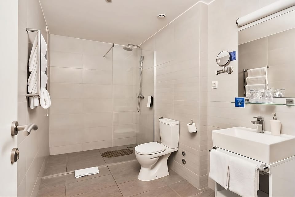 Full bathroom with a shower. Basic toiletries and towels are provided