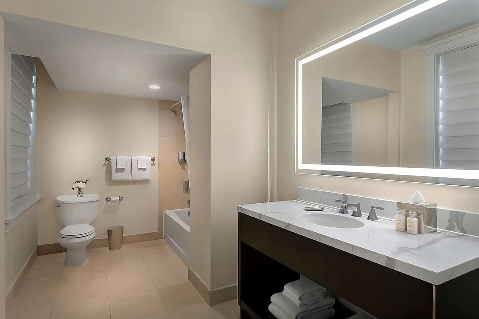 Refresh in a bright, spacious bath with sleek vanity lighting.