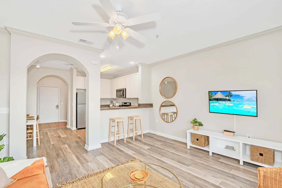 Open-layout living area with smart TV