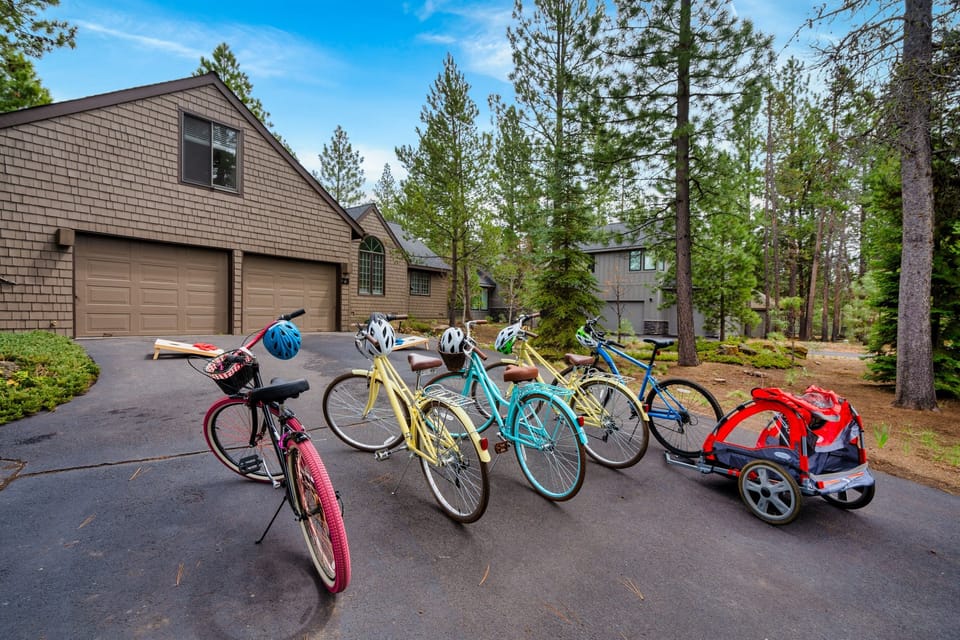 Bikes and helmets plus double kid trailer