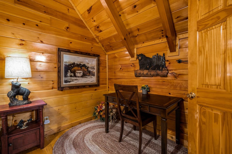 Remote work station with desk and chair.