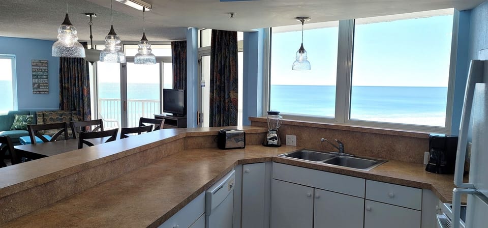 Kitchen is well stocked and is oceanfront