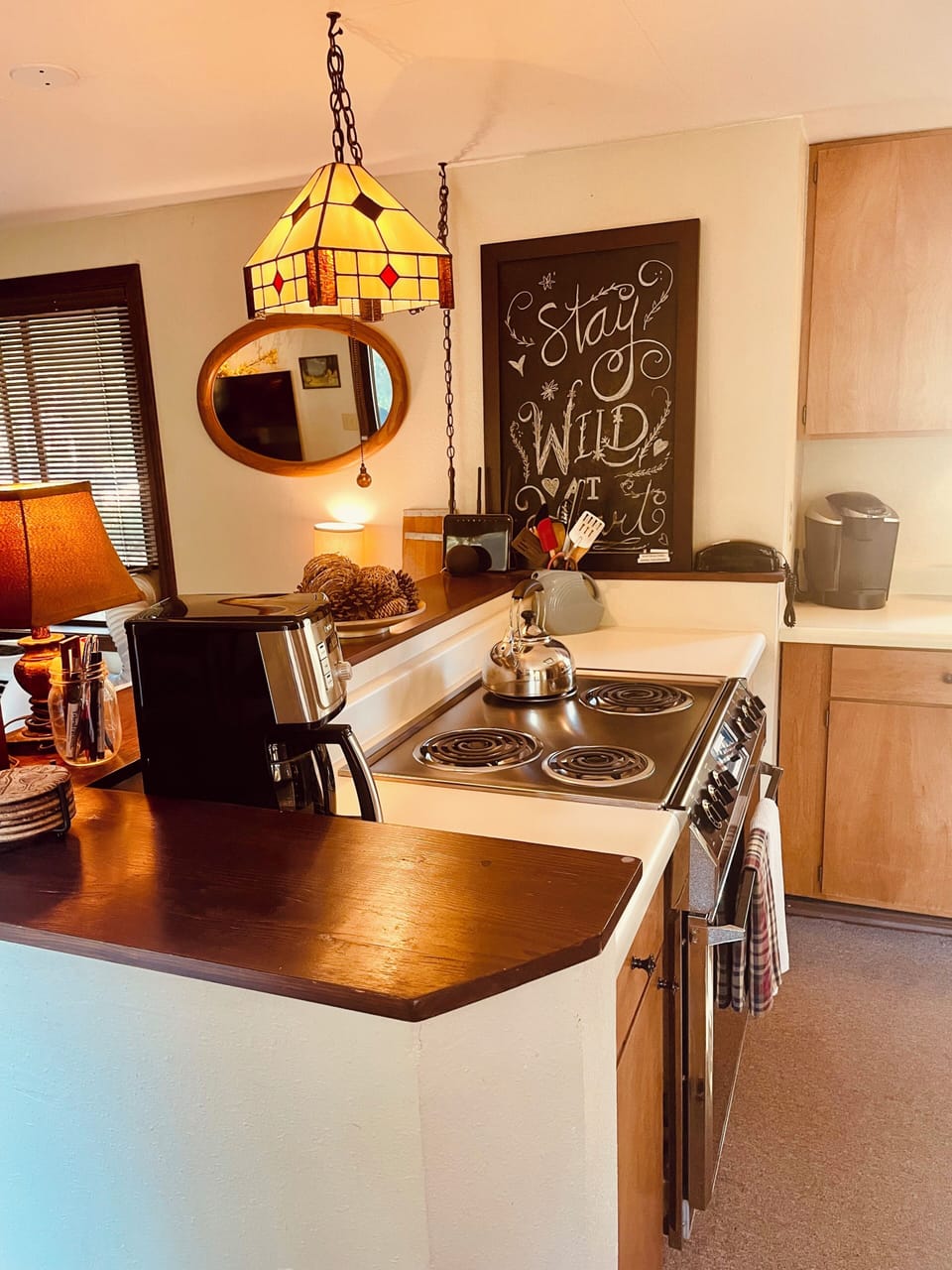 Kitchen with 3 coffee makers (French press is in pantry)