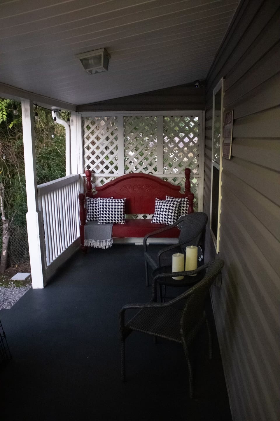 Back porch, string lights from back porch to the firepit.