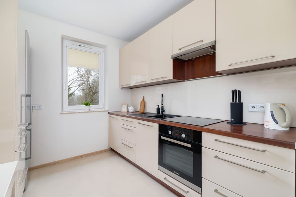 Fully equipped kitchen with induction hob, fridge, freezer, oven, kitchen utensils, kettle, dishwasher and microwave.