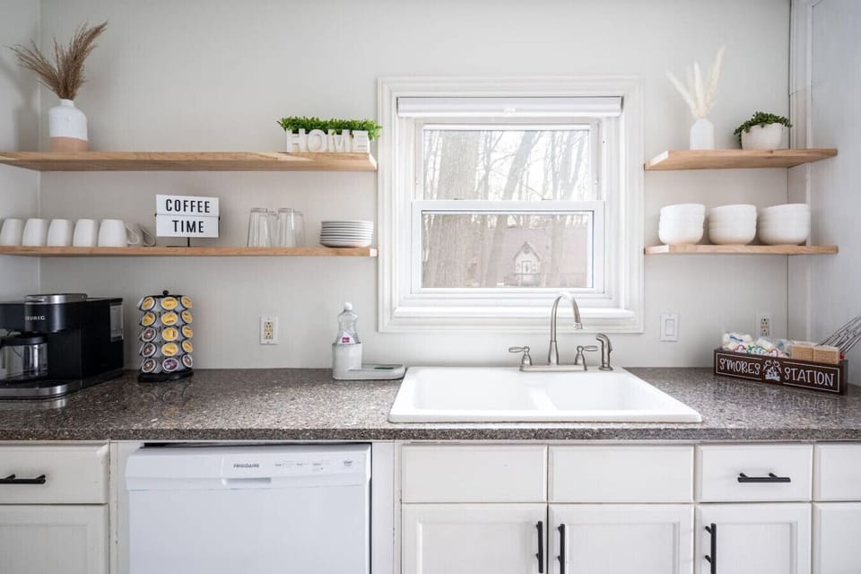 Our kitchen is fully-equipped with anything you might need for an enjoyable stay. We provide the fixings for coffee as well as a complimentary S'more Station to start your stay on the right foot!