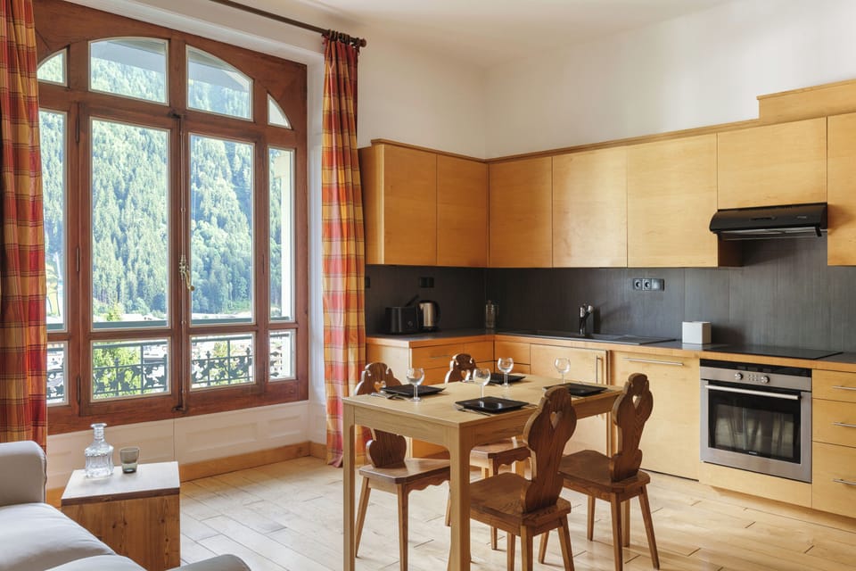 Kitchen with mountain views through the window