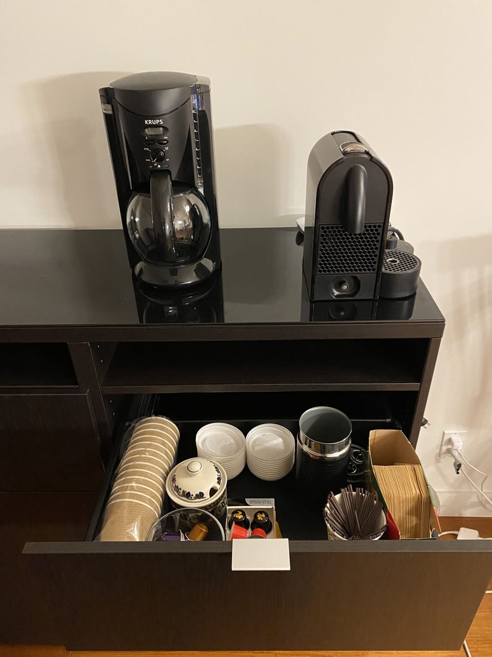 Krups coffee make, Nespresso, and a few coffee supplies to start out with.