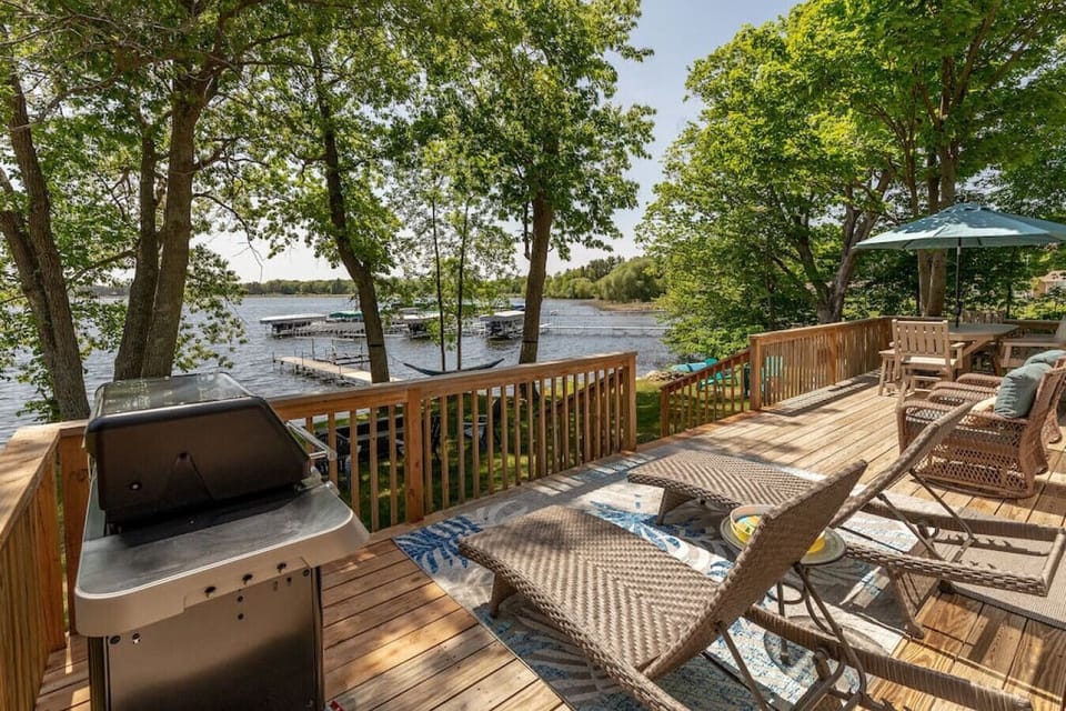 From the deck. Propane grill, outdoor dining, and sun loungers.