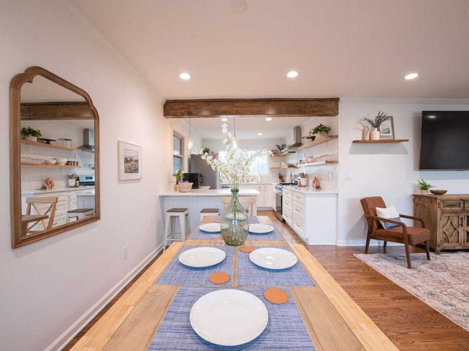 A view into the kitchen from the dining area.