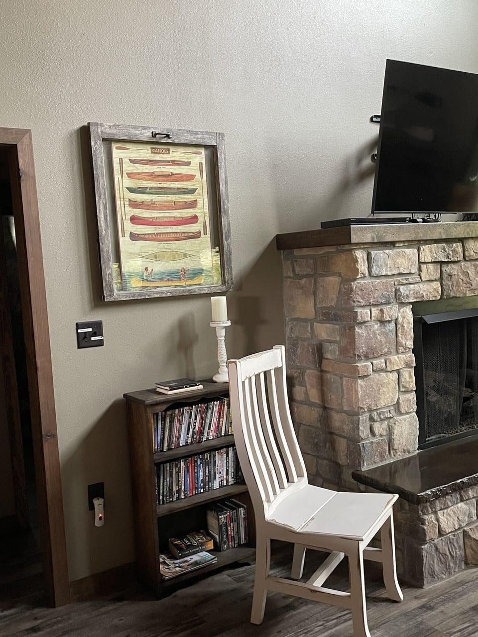 Art, video library and fireplace