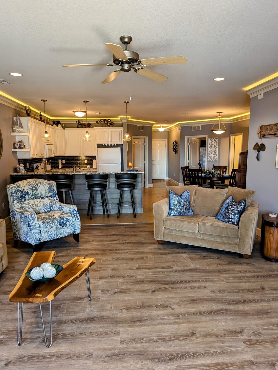 View of the living area with the back-lit crown modling
