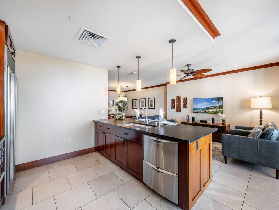 A new dishwasher has been recently installed in the beautiful kitchen.