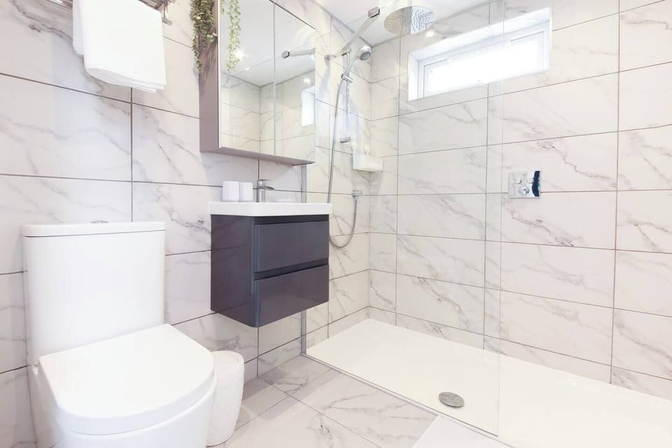 Bathroom with walk in shower, toilet and basin