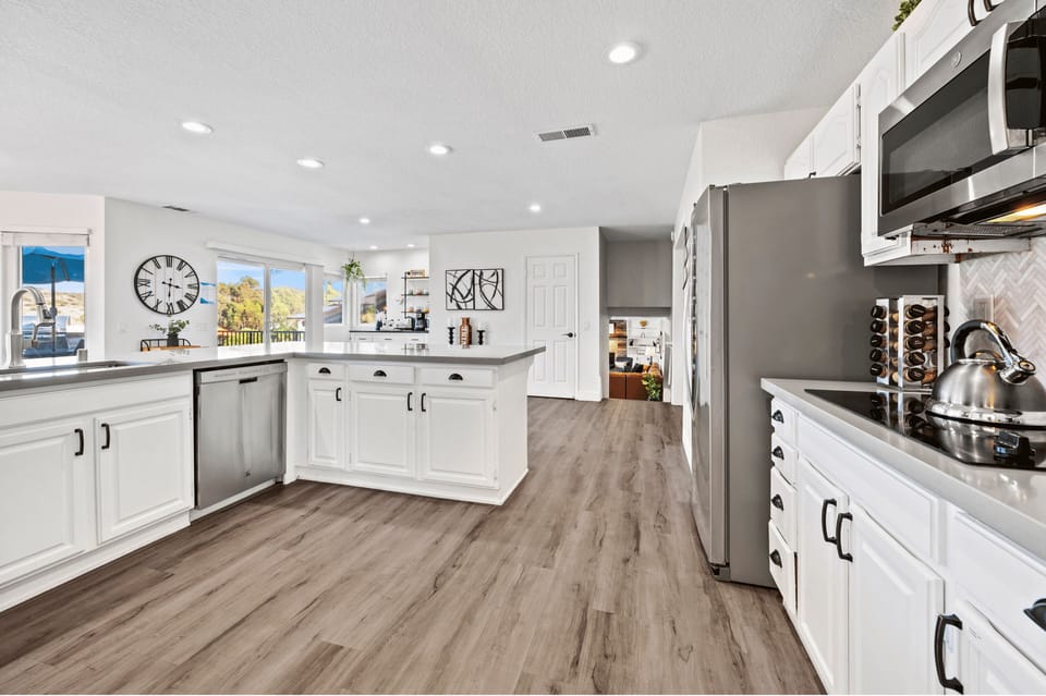 The sleek open kitchen is perfect for gatherings
